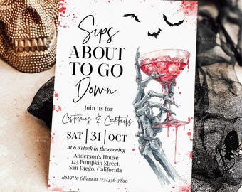 Editable Adult Halloween Party Invitation, Sips About To Go Down Skeleton Halloween Invitation, Cocktails And Costumes Invite Template HP07