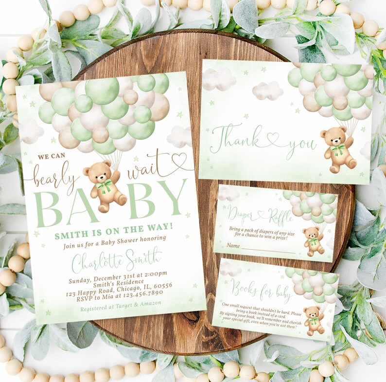 Editable Green Bear Baby Shower Invitation Bundle, We Can Bearly Wait ...