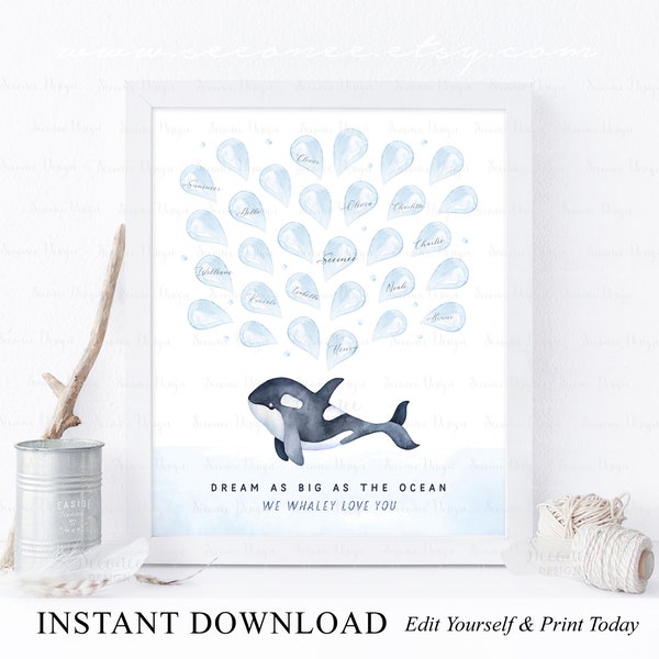 INSTANT DOWNLOAD Editable Orca Whale Signature Guestbook Alternative, Under The Sea Party Decoration Ideas, Nautical Baby Sprinkle Keepsake