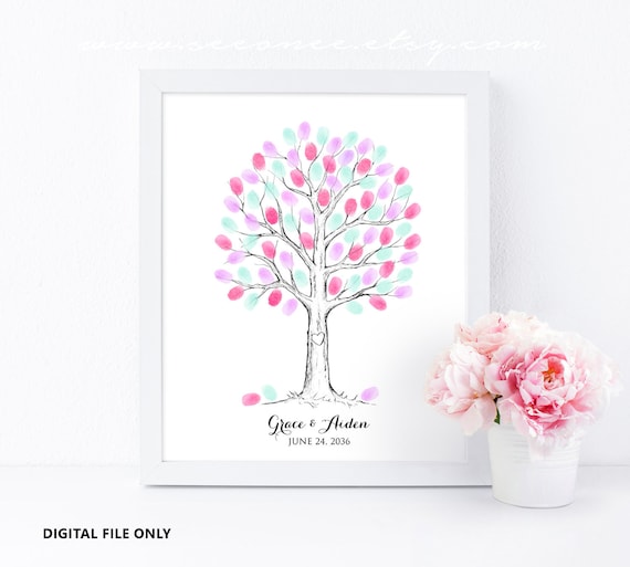 Family Tree Wall Paint Wedding Birthday Party Guest Fingerprint Tree Pink