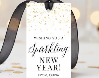 Wishing You A Sparkling New Year Gift Tag Printable, New Year Party Favor Tags, New year's Eve Gift Label Editable Template Instant Download