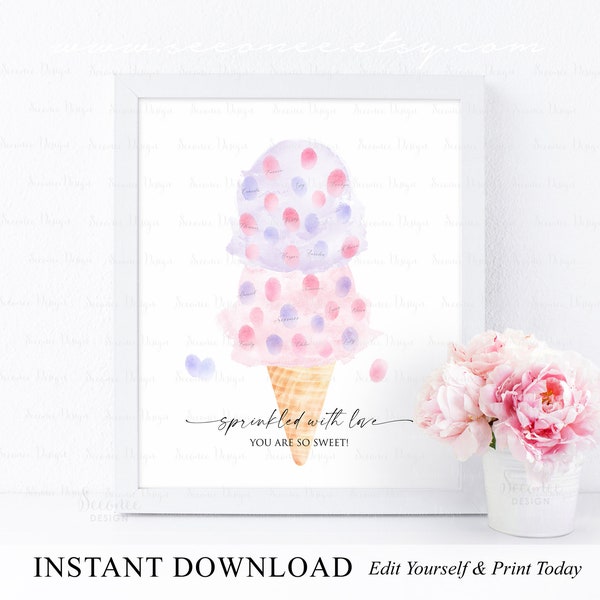 INSTANT DOWNLOAD Editable Pink Lavender Ice Cream Party Fingerprint Guestbook Alternative, Here's The Scoop Ice Cream Birthday Keepsake Gift