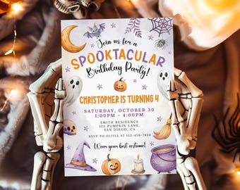 May include: A Halloween-themed birthday party invitation with the text "Spooktacular Birthday Party!" and "Christopher is turning 4". The invitation features illustrations of a bat, moon, ghost, pumpkin, and witch's hat.