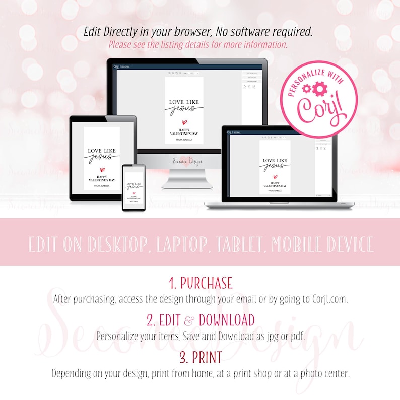 Pode incluir: Um design digital exibido em computador, tablet e telefone. O design apresenta o texto "LOVE LIKE Jesus" com um cora&ccedil;&atilde;o, para o Dia dos Namorados. Inclui instru&ccedil;&otilde;es para compra, edi&ccedil;&atilde;o e impress&atilde;o.