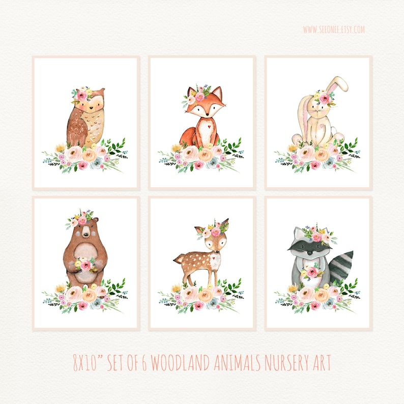 Set of 6 Flower Woodland Animals Nursery Art Print, Forest Animals Wall ...