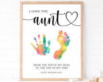 Día de las madres huella de la mano huella artesanía regalo imprimible, DIY bebé niños niño pequeño signo de impresión de la mano, regalo de la huella de la mano para la tía, regalo de la tía del día de la madre