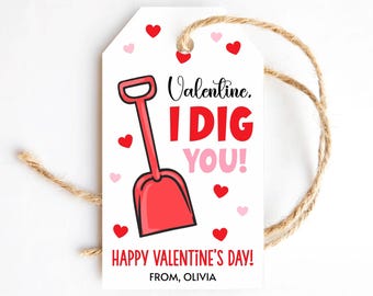 I Dig You Valentine's day Tag Red Shovel Tag Kids Valentines Gift Card School Classroom Favor Friends Editable Printable Download Digital