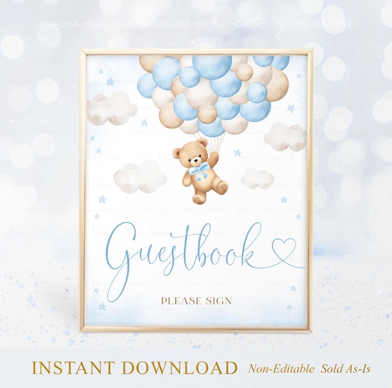 Blue Bear Balloon Baby Shower Guest Book Sign, Boy Teddy Bear
