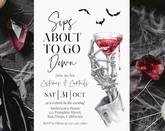 Sips About To Go Down Skeleton Halloween Party Invitation, Adult Halloween Party Invites, Cocktails And Costumes Invite Halloween Evite HP07