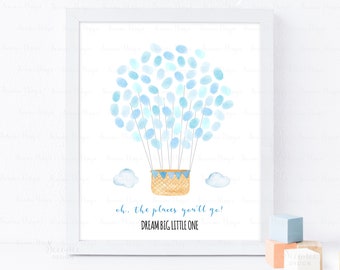 Hot Air Balloon Fingerprint Guestbook Alternative, Baby Shower Thumbprint Guest Book Gift, Blue Boy Birthday Keepsake Gift Instant Download