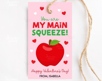 Valentine Applesauce Gift Tag Printable You're My Main Squeeze Valentine's Day Gift Tag Template Cute Apple Valentines Tag Editable Card