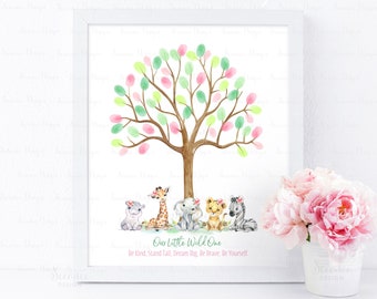 DESCARGA INSTANTE Editable Safari Animales Baby Shower Huella Digital Árbol Libro de Visitas Signo, Fiesta Tropical Selva Cumpleaños Huella Digital Cartel Regalo