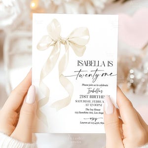 21st Birthday Invitation Template Modern White Bow Twenty One Birthday Party Invites Printable Ivory Coquette Bow Invitation Editable A2W1