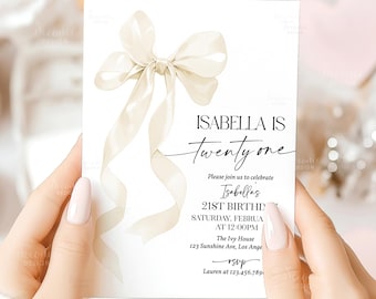 Plantilla de invitación para el 21.° cumpleaños, moderna, con lazo blanco, para fiesta de cumpleaños número veintiún, imprimible, con lazo coquette color marfil, editable, A2W1