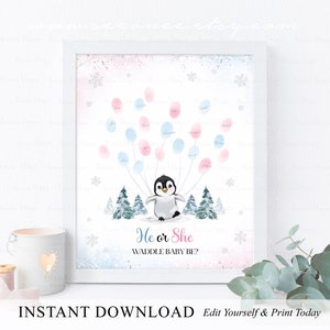 TÉLÉCHARGEMENT IMMÉDIAT Signe modifiable de livre d'or d'empreintes digitales de pingouin, lui ou elle, dandine son bébé ? Affiche du jeu de devinettes de genre imprimable