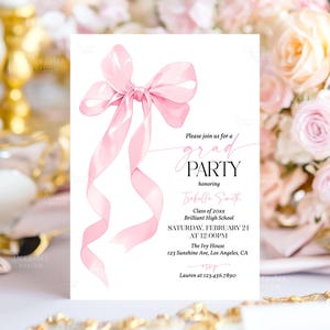 Graduation Party Invitation Pink Bow Graduation Announcement Editable Template Grad Party Invite Minimalist Pink Ribbon Graduate Invite A2P1