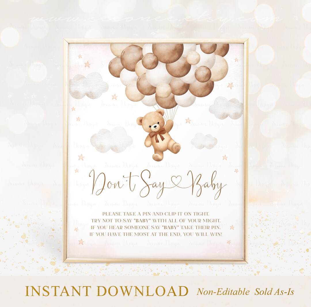 Don't Say Baby Sign Brown Bear Balloon Baby Shower Game Gender Neutral ...