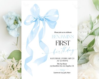 Blue Bow 1st Birthday Invitation Template First Birthday Invite Printable Blue Ribbon Bow Invitation Any Age Birthday Party Invite A2B1