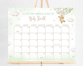 May include: A green and white baby shower game with a calendar to guess the arrival date of Baby Smith. The calendar is decorated with clouds, stars, and a teddy bear holding balloons.