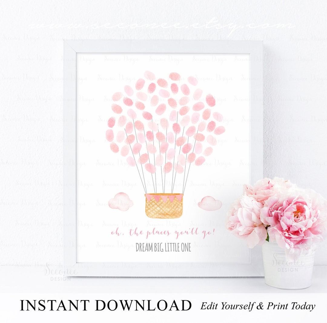 Editable Blush Pink Hot Air Balloon Party Fingerprint Guestbook ...