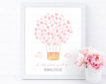 Editable Blush Pink Hot Air Balloon Party Fingerprint Guestbook Alternative, Pink Birthday Thumbprint Guest Book Sign Gift, Instant Download