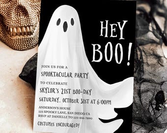 Hey Boo Halloween-verjaardagsuitnodiging, Ghost Spooky verjaardagsuitnodiging, Spooktacular Halloween-feestuitnodiging bewerkbare sjabloon HP09