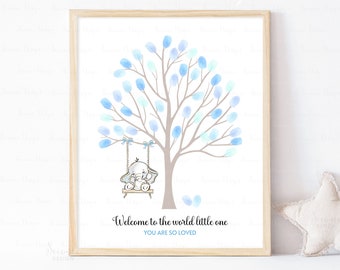 Blue Elephant Baby Shower Fingerprint Tree Guestbook Sign, Editable Baby Boy Elephant Baby Shower Thumbprint Tree Guest Book Keepsake Gift