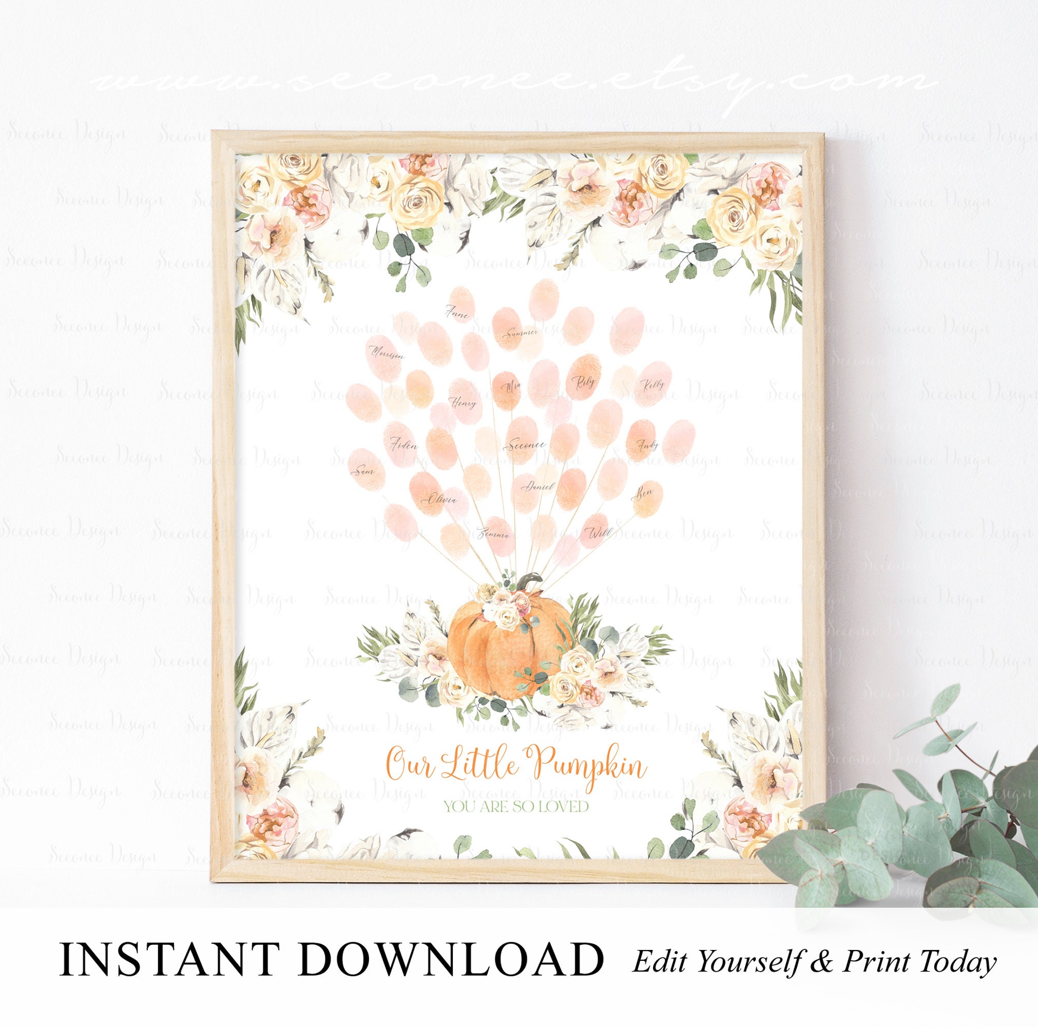 INSTANT DOWNLOAD Editable Floral Little Pumpkin Baby Shower Fingerprint Guest Book Sign, Pumpkin Birthday Thumbprint Poster, Baby Keepsake