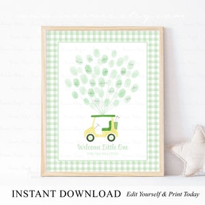 NATYCHMIASTOWE POBIERANIE Edytowalny zielony znak gościa Golf Baby Shower z odciskiem kciuka, Let's Par Tee Baby Shower z odciskiem palca w formie księgi gości