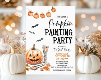 May include: A white invitation card for a pumpkin painting party. The card features watercolor illustrations of pumpkins, bats, and paintbrushes. Text includes "Pumpkin Painting Party" and event details.