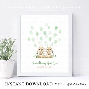 INSTANT DOWNLOAD Editable Some Bunny Loves You, Twin Rabbits Baby Shower Guestbook Alternative, Greenery Rabbits Fingerprint Guest Book Sign