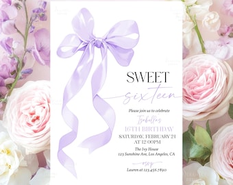 May include: Purple ribbon bow with the text "SWEET sixteen" and "Please join us to celebrate Isobellas 16TH BIRTHDAY SATURDAY, FEBRUARY 21 AT 12:00PM The Ivy House 123 Sunshine Ave, Los Angeles, CA rsvp Lauren at 123.456.7890"