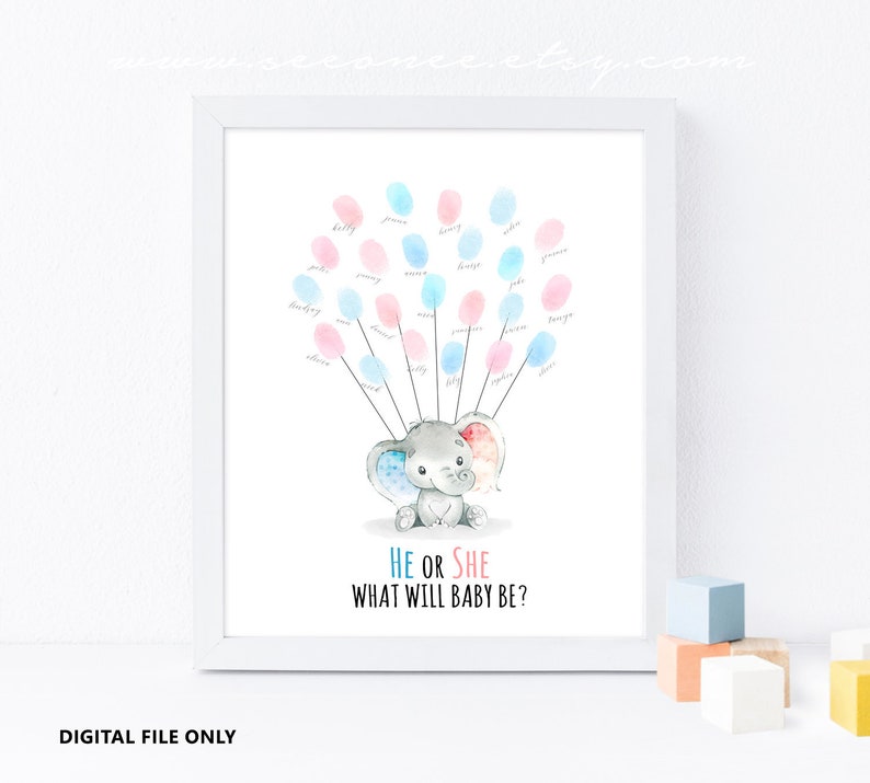 Elephant Baby shower Guest book He or She Gender Reveal Guestbook Boy or Girl Game Printable Fingerprint Poster Thumbprint Balloon