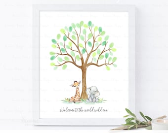 DESCARGA INSTANTE Alternativa editable del libro de visitas del árbol de huellas dactilares de Safari, signo del libro de visitas del baby shower de Safari, cartel de la huella digital del recuerdo del bebé