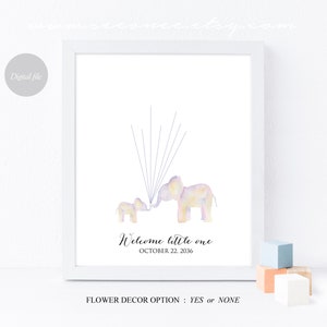 May include: A printable baby shower guest book with a watercolor illustration of two elephants, one large and one small, with a blue ribbon connecting them. The text "Welcome little one" and the date "October 22, 2036" are printed below the elephants.