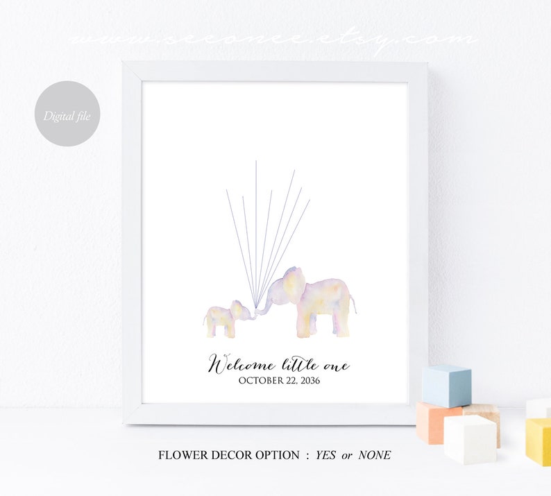 May include: A printable baby shower guest book with a watercolor illustration of two elephants, one large and one small, with a blue ribbon connecting them. The text "Welcome little one" and the date "October 22, 2036" are printed below the elephants.