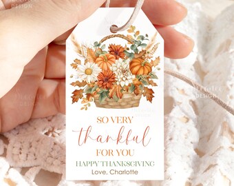 Printable So Very Thankful For You Gift Tag, Autumn Favor Tag, Happy Thanksgiving Treat Printable Tag, Flower Thanksgiving Tag Editable