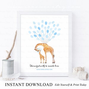 SOFORTIGER DOWNLOAD Bearbeitbares Blue Boy Giraffe Baby Shower Fingerabdruck Gästebuch Zeichen, Safari Jungle Baby Shower Giraffe Fingerabdruck Poster Geschenk
