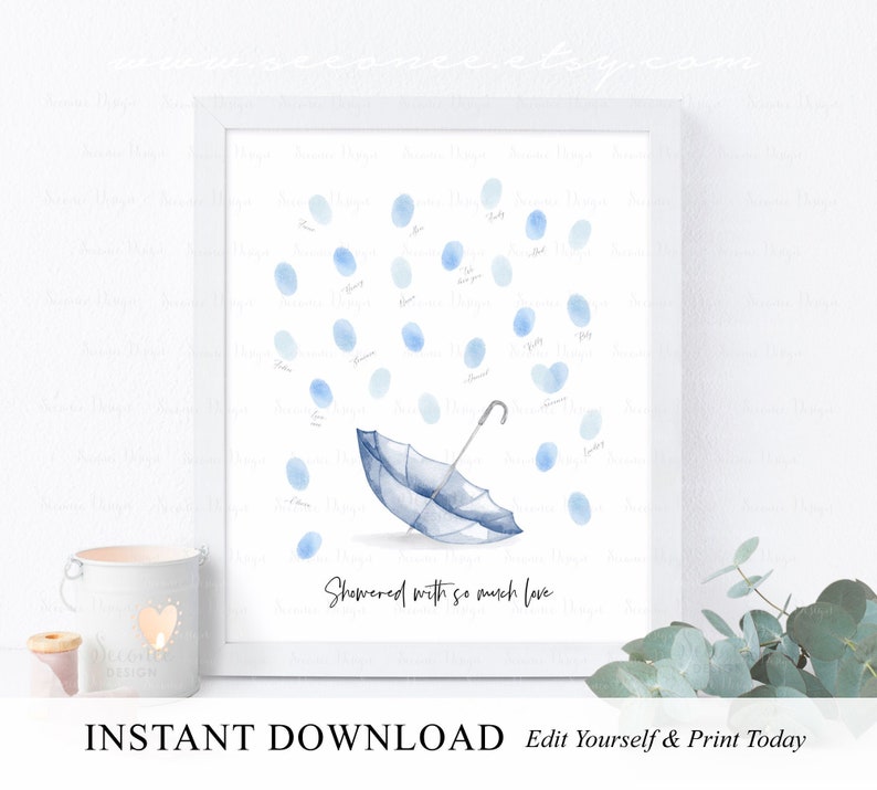 INSTANT DOWNLOAD Editable Navy Umbrella Fingerprint Guestbook, Showered With Love Thumbprint Sign Poster Gift, Bridal Shower Guest Book Gift image 2