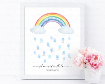 INSTANT DOWNLOAD Editable Classic Rainbow Party Fingerprint Guestbook, Showered With Love, Rainbow Thumbprint Guest Book Sign Poster Gift