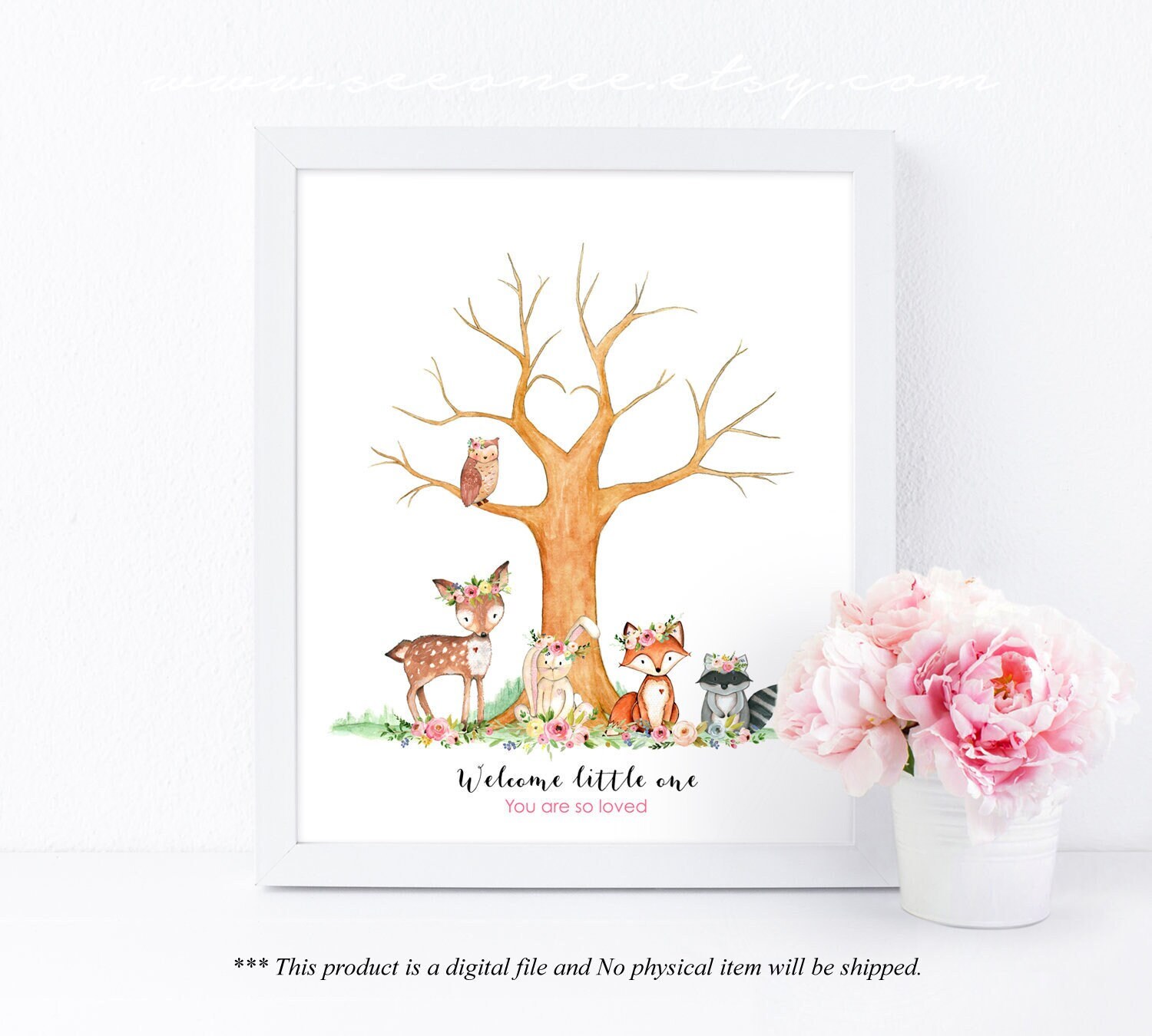 INSTANT DOWNLOAD Flower Woodland Animals Fingerprint Guestbook 8x10, 11x14 Thumbprint tree Printable Digital file, Baby shower gift