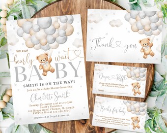 Conjunto de invitación de baby shower con globo de oso neutro de género editable, podemos esperar con paciencia Paquete de invitación de baby shower de oso de peluche marrón boho A1A6