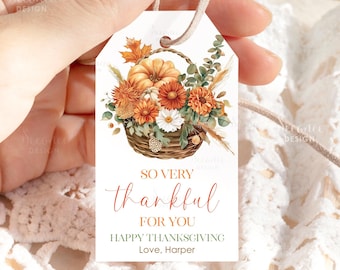 Druckbare Kürbisse Thanksgiving Favor Tag Vorlage, Herbst Herbst Dankeschön Geschenkanhänger, bearbeitbare Friendsgiving Dankeschön Tags, sofortiger Download