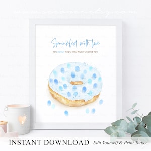 INSTANT DOWNLOAD Editable Blue Donut Fingerprint Guestbook Alternative, Baby Sprinkle, Donut Baby Shower, Sprinkled with Love Donut Keepsake