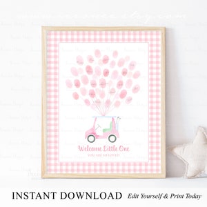 INSTANT DOWNLOAD Editable Pink Golf Baby Shower Thumbprint Guest Book Sign, Let's Par Tee Baby Shower Fingerprint Balloon Guestbook Gift