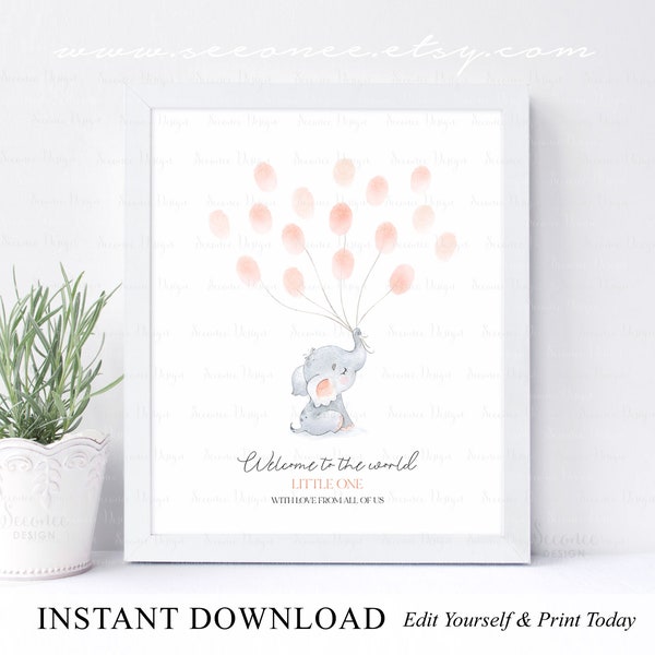 INSTANT DOWNLOAD Editable Elephant Baby Shower Fingerprint Guest Book, Baby Shower Personalized Alternative Thumbprint Guestbook Poster Sign