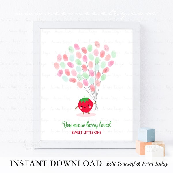 Editable Strawberry Fingerprint Guestbook, Cute Strawberry Birthday Thumbprint Guest Book, Sweet Fruit Birthday Keepsake, INSTANT DOWNLOAD