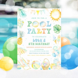 Editable Pool Party Invitation Tropical Splish Splash Pool Party Birthday Invitation Summer Swimming Pool Party Invite Instant Download PB01