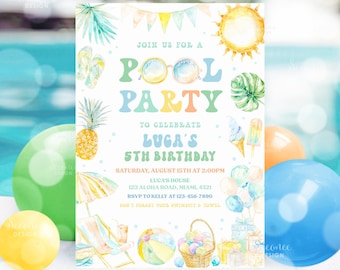 Editable Pool Party Invitation Tropical Splish Splash Pool Party Birthday Invitation Summer Swimming Pool Party Invite Instant Download PB01
