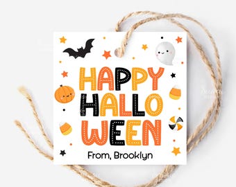Cute Halloween Gift Tag Printable, Trick Or Treat Candy Bag Tag, Happy Halloween Favor Personalized Gift Tag School Kids Preschool Classmate